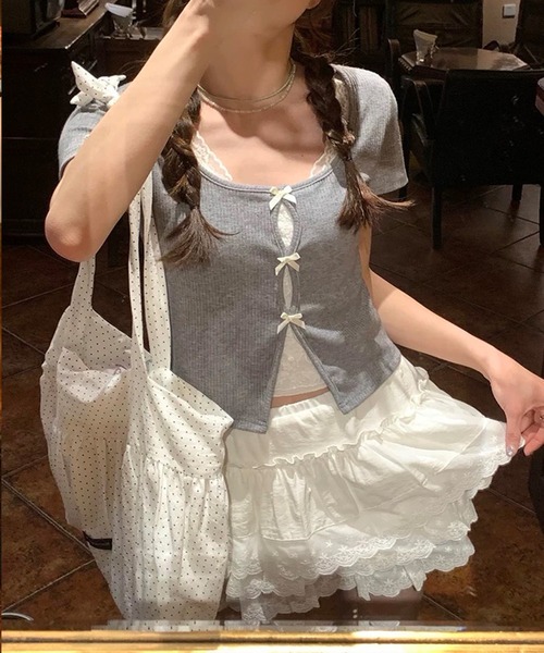 SpRay（スプレイ）の「テレコレ－スリボントップス（Tシャツ/カットソー・レディース・ブラック/サックスブルー/グレー/ホワイト/ピンク・FREE）」の7枚目の写真