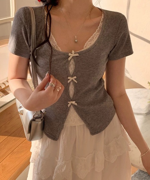 SpRay（スプレイ）の「テレコレ－スリボントップス（Tシャツ/カットソー・レディース・ブラック/サックスブルー/グレー/ホワイト/ピンク・FREE）」の8枚目の写真