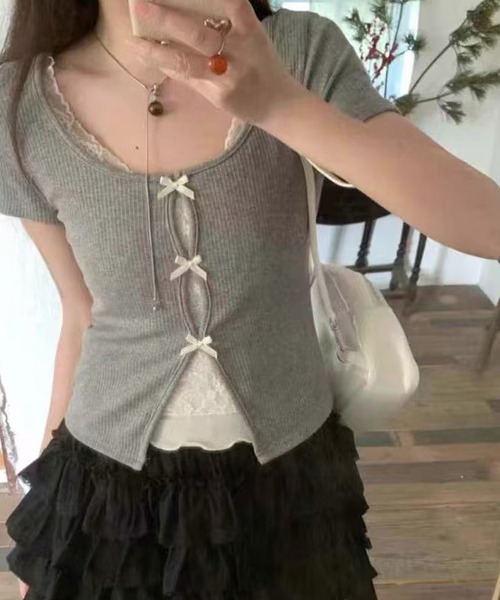 SpRay（スプレイ）の「テレコレ－スリボントップス（Tシャツ/カットソー・レディース・ブラック/サックスブルー/グレー/ホワイト/ピンク・FREE）」の9枚目の写真