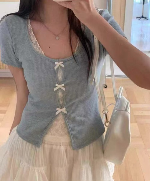 SpRay（スプレイ）の「テレコレ－スリボントップス（Tシャツ/カットソー・レディース・ブラック/サックスブルー/グレー/ホワイト/ピンク・FREE）」の12枚目の写真