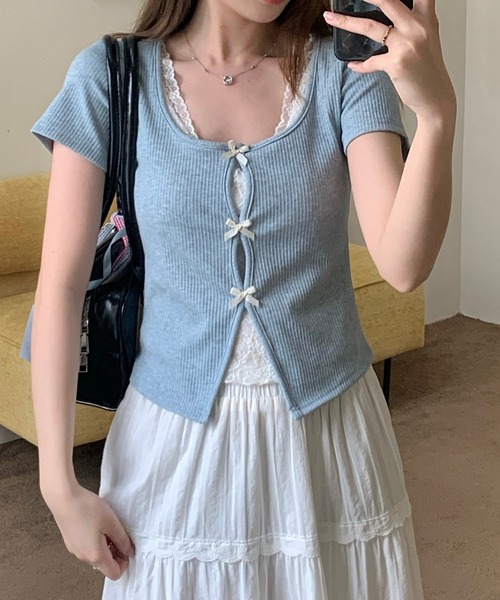 SpRay（スプレイ）の「テレコレ－スリボントップス（Tシャツ/カットソー・レディース・ブラック/サックスブルー/グレー/ホワイト/ピンク・FREE）」の13枚目の写真