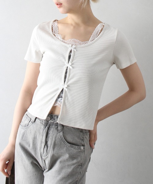 SpRay（スプレイ）の「テレコレ－スリボントップス（Tシャツ/カットソー・レディース・ブラック/サックスブルー/グレー/ホワイト/ピンク・FREE）」の15枚目の写真