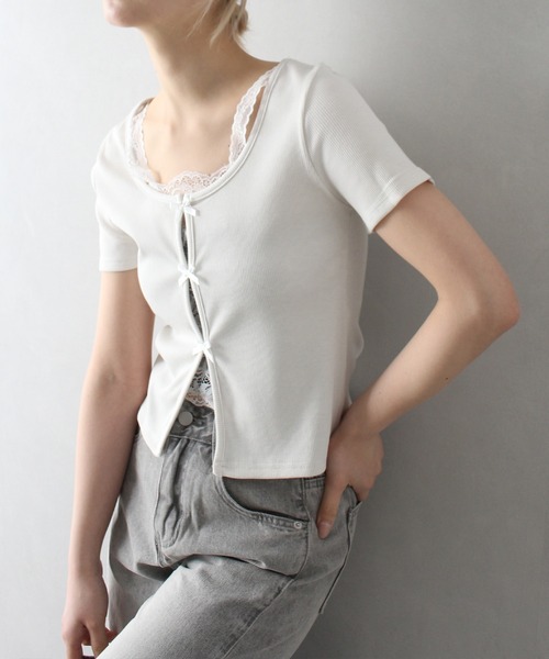 SpRay（スプレイ）の「テレコレ－スリボントップス（Tシャツ/カットソー・レディース・ブラック/サックスブルー/グレー/ホワイト/ピンク・FREE）」の16枚目の写真