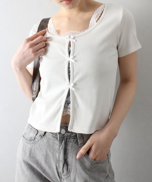 SpRay（スプレイ）の「テレコレ－スリボントップス（Tシャツ/カットソー・レディース・ブラック/サックスブルー/グレー/ホワイト/ピンク・FREE）」の17枚目の写真