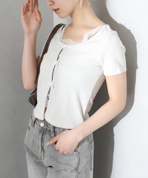 SpRay（スプレイ）の「テレコレ－スリボントップス（Tシャツ/カットソー・レディース・ブラック/サックスブルー/グレー/ホワイト/ピンク・FREE）」の18枚目の写真