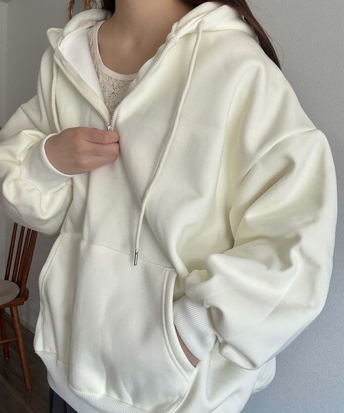 Cham.(チャム)の「ゆるだぼハーフジップパーカー(パーカー・レディース・オフホワイト/グレー/ピンク/オレンジ/ブラック・F)」の13枚目の写真