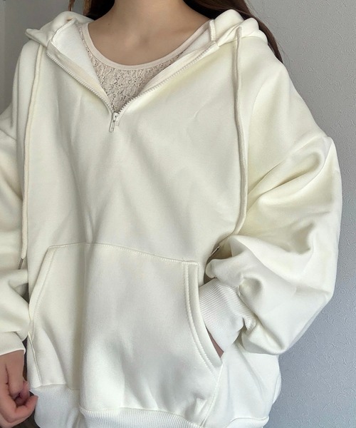 Cham.(チャム)の「ゆるだぼハーフジップパーカー(パーカー・レディース・オフホワイト/グレー/ピンク/オレンジ/ブラック・F)」の12枚目の写真