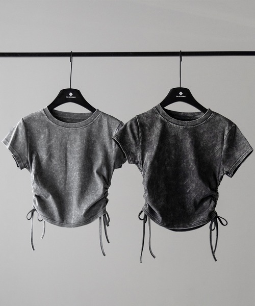 me+em select(ミームセレクト)の「【 2color 】サイドシャーリングリボンヴィンテージショートTシャツ / side shirring ribbon vintage short T-shirt(Tシャツ/カットソー・レディース・グレー/ブラック・FREE)」の3枚目の写真