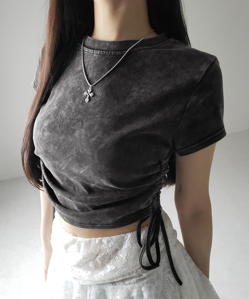 me+em select(ミームセレクト)の「【 2color 】サイドシャーリングリボンヴィンテージショートTシャツ / side shirring ribbon vintage short T-shirt(Tシャツ/カットソー・レディース・グレー/ブラック・FREE)」の12枚目の写真