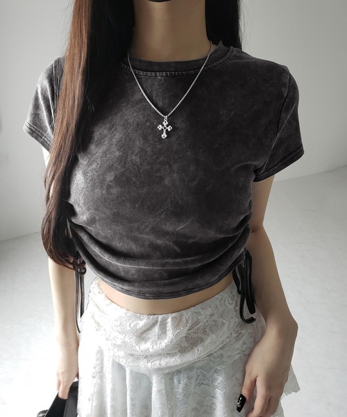 me+em select(ミームセレクト)の「【 2color 】サイドシャーリングリボンヴィンテージショートTシャツ / side shirring ribbon vintage short T-shirt(Tシャツ/カットソー・レディース・グレー/ブラック・FREE)」の13枚目の写真
