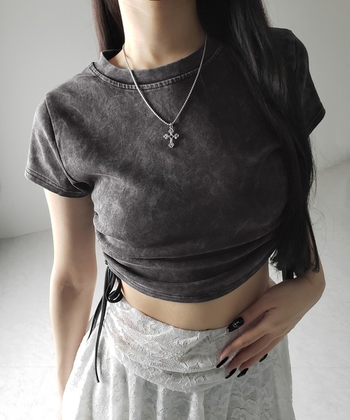 me+em select(ミームセレクト)の「【 2color 】サイドシャーリングリボンヴィンテージショートTシャツ / side shirring ribbon vintage short T-shirt(Tシャツ/カットソー・レディース・グレー/ブラック・FREE)」の14枚目の写真