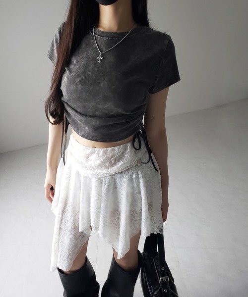 me+em select(ミームセレクト)の「【 2color 】サイドシャーリングリボンヴィンテージショートTシャツ / side shirring ribbon vintage short T-shirt(Tシャツ/カットソー・レディース・グレー/ブラック・FREE)」の15枚目の写真