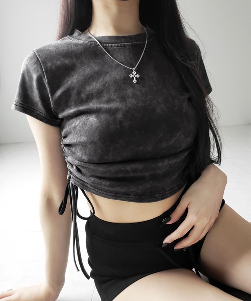 me+em select(ミームセレクト)の「【 2color 】サイドシャーリングリボンヴィンテージショートTシャツ / side shirring ribbon vintage short T-shirt(Tシャツ/カットソー・レディース・グレー/ブラック・FREE)」の5枚目の写真