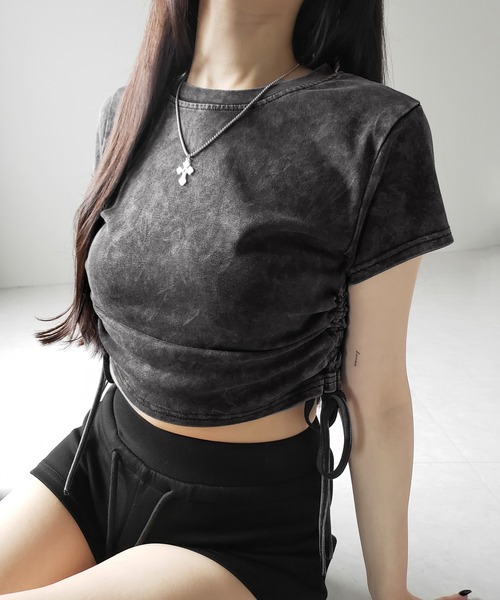 me+em select(ミームセレクト)の「【 2color 】サイドシャーリングリボンヴィンテージショートTシャツ / side shirring ribbon vintage short T-shirt(Tシャツ/カットソー・レディース・グレー/ブラック・FREE)」の6枚目の写真