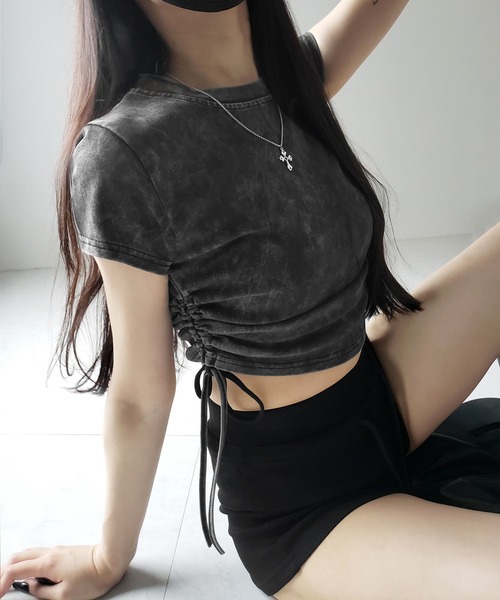 me+em select(ミームセレクト)の「【 2color 】サイドシャーリングリボンヴィンテージショートTシャツ / side shirring ribbon vintage short T-shirt(Tシャツ/カットソー・レディース・グレー/ブラック・FREE)」の7枚目の写真