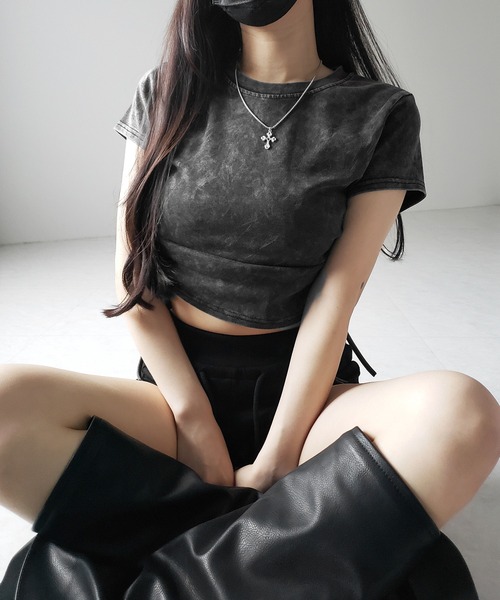 me+em select(ミームセレクト)の「【 2color 】サイドシャーリングリボンヴィンテージショートTシャツ / side shirring ribbon vintage short T-shirt(Tシャツ/カットソー・レディース・グレー/ブラック・FREE)」の8枚目の写真