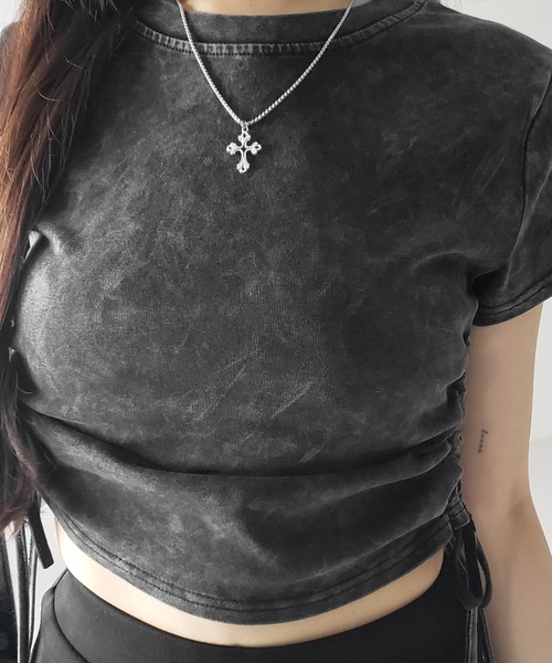 me+em select(ミームセレクト)の「【 2color 】サイドシャーリングリボンヴィンテージショートTシャツ / side shirring ribbon vintage short T-shirt(Tシャツ/カットソー・レディース・グレー/ブラック・FREE)」の11枚目の写真