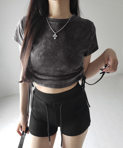 me+em select(ミームセレクト)の「【 2color 】サイドシャーリングリボンヴィンテージショートTシャツ / side shirring ribbon vintage short T-shirt(Tシャツ/カットソー・レディース・グレー/ブラック・FREE)」の9枚目の写真