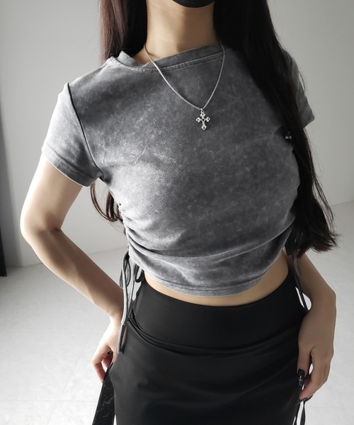 me+em select(ミームセレクト)の「【 2color 】サイドシャーリングリボンヴィンテージショートTシャツ / side shirring ribbon vintage short T-shirt(Tシャツ/カットソー・レディース・グレー/ブラック・FREE)」の21枚目の写真