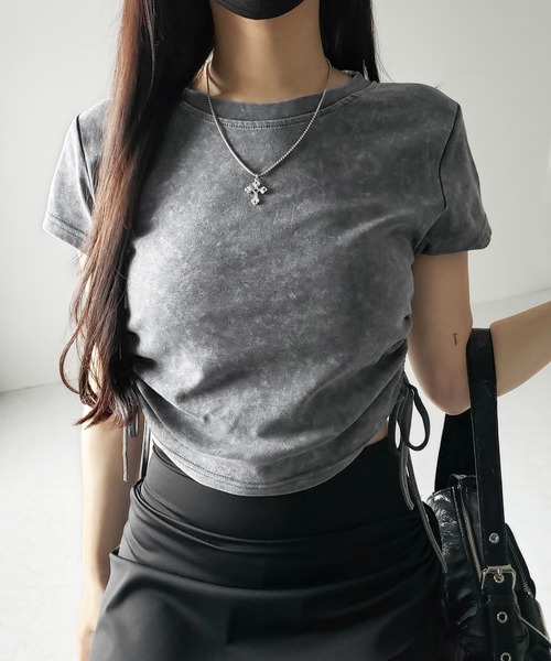 me+em select(ミームセレクト)の「【 2color 】サイドシャーリングリボンヴィンテージショートTシャツ / side shirring ribbon vintage short T-shirt(Tシャツ/カットソー・レディース・グレー/ブラック・FREE)」の20枚目の写真