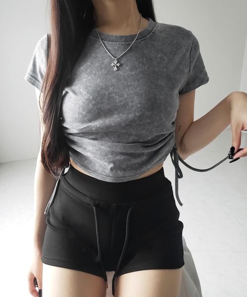 me+em select(ミームセレクト)の「【 2color 】サイドシャーリングリボンヴィンテージショートTシャツ / side shirring ribbon vintage short T-shirt(Tシャツ/カットソー・レディース・グレー/ブラック・FREE)」の17枚目の写真