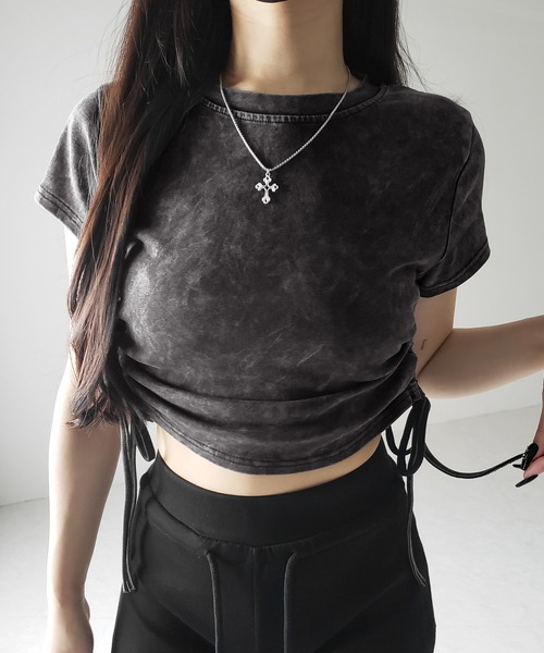me+em select(ミームセレクト)の「【 2color 】サイドシャーリングリボンヴィンテージショートTシャツ / side shirring ribbon vintage short T-shirt(Tシャツ/カットソー・レディース・グレー/ブラック・FREE)」の4枚目の写真