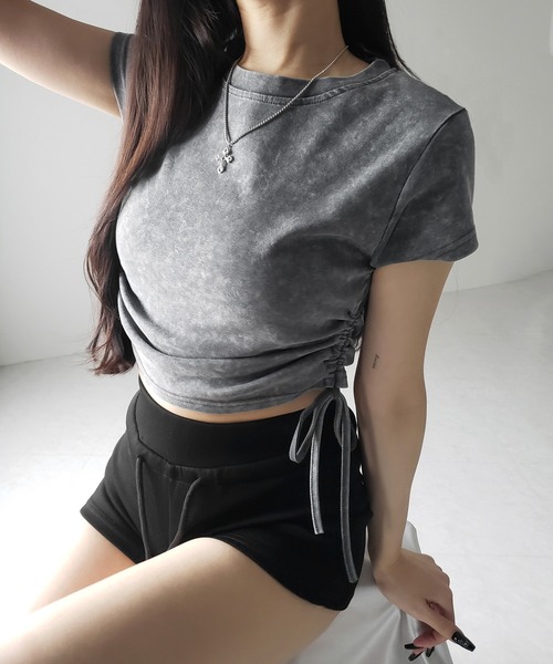 me+em select(ミームセレクト)の「【 2color 】サイドシャーリングリボンヴィンテージショートTシャツ / side shirring ribbon vintage short T-shirt(Tシャツ/カットソー・レディース・グレー/ブラック・FREE)」の18枚目の写真