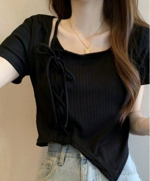 COMON＋（コモンプラス）の「サイド編み上げ リボンタイプ 半袖Tシャツ カットソー（シャツ/ブラウス・レディース・ブラック/ブラウン・M/L）」の6枚目の写真