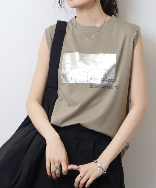 tシャツ A.N.L 箔プリントタンクトップ ノースリーブトップス レディース tシャツ A.N.L 箔プリントタンクトップ ノースリーブトップス