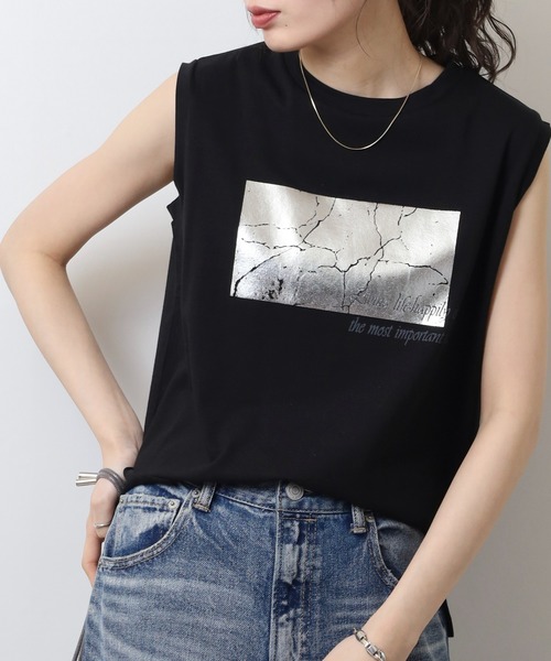A.N.L（エーエヌエル　レーベル）の「A.N.L 箔プリントタンクトップ ノースリーブトップス（Tシャツ/カットソー・レディース・オフホワイト/モカ/ブラック・38）」の9枚目の写真