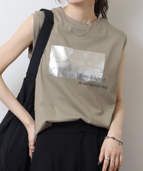 A.N.L（エーエヌエル　レーベル）の「A.N.L 箔プリントタンクトップ ノースリーブトップス（Tシャツ/カットソー・レディース・オフホワイト/モカ/ブラック・38）」の12枚目の写真