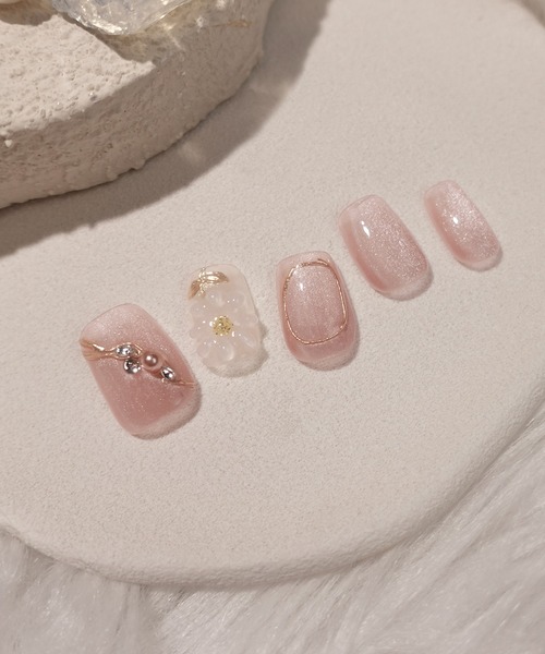 3D水光ネイルピンクマグネットクリアホワイト3Dフラワーゴールドミラー