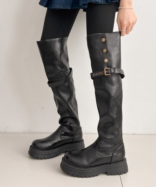 セール】厚底 2WAY スナップボタン ニーハイ ロング ブーツ 575