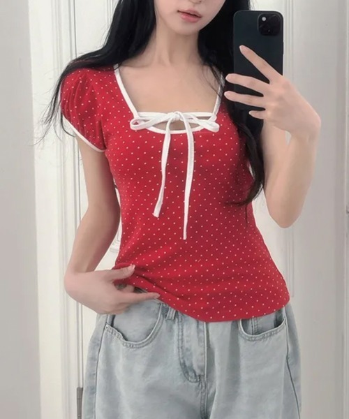 NANAHACHI(ナナハチ)の「水玉柄パフスリーブ半袖Tシャツ(Tシャツ/カットソー・レディース・レッド/ブラウン/ブラック/クリーム・FREE)」の10枚目の写真