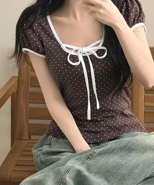 NANAHACHI(ナナハチ)の「水玉柄パフスリーブ半袖Tシャツ(Tシャツ/カットソー・レディース・レッド/ブラウン/ブラック/クリーム・FREE)」の17枚目の写真
