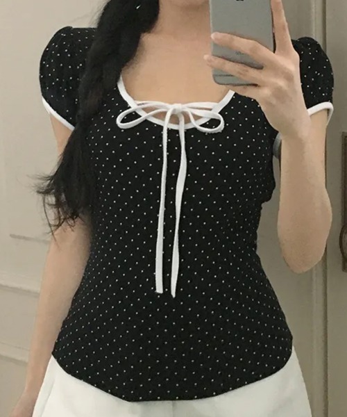 NANAHACHI(ナナハチ)の「水玉柄パフスリーブ半袖Tシャツ(Tシャツ/カットソー・レディース・レッド/ブラウン/ブラック/クリーム・FREE)」の20枚目の写真