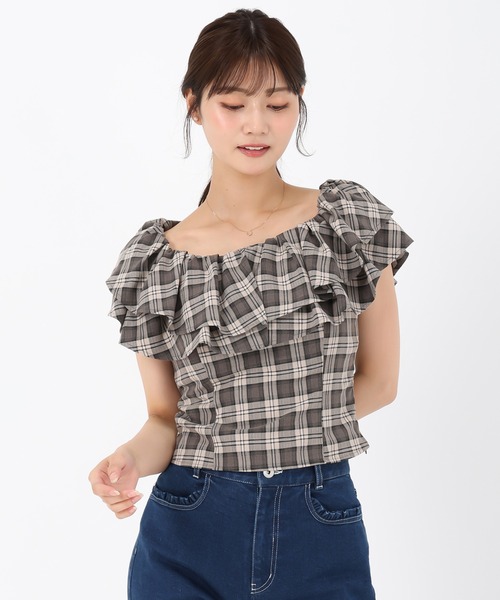 MISCH MASCH（ミッシュマッシュ）の「フリルショルダーチェックブラウス（シャツ/ブラウス・レディース・ベージュ/ピンク・ﾌﾘ-）」の21枚目の写真