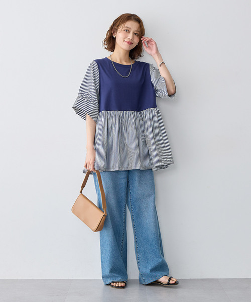 anyfee(エニフィー)の「【anyfee/大きいサイズ】異素材ドッキングペプラムプルオーバー(Tシャツ/カットソー・レディース・ブラック/ネイビー・5L/4L/3L/LL)」の3枚目の写真