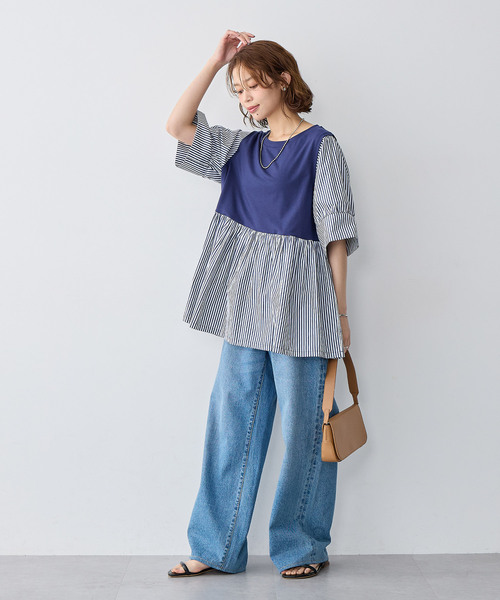 anyfee(エニフィー)の「【anyfee/大きいサイズ】異素材ドッキングペプラムプルオーバー(Tシャツ/カットソー・レディース・ブラック/ネイビー・5L/4L/3L/LL)」の4枚目の写真