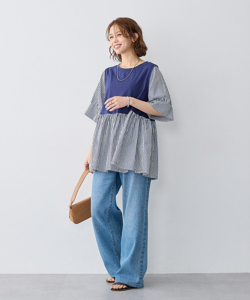 anyfee(エニフィー)の「【anyfee/大きいサイズ】異素材ドッキングペプラムプルオーバー(Tシャツ/カットソー・レディース・ブラック/ネイビー・5L/4L/3L/LL)」の6枚目の写真