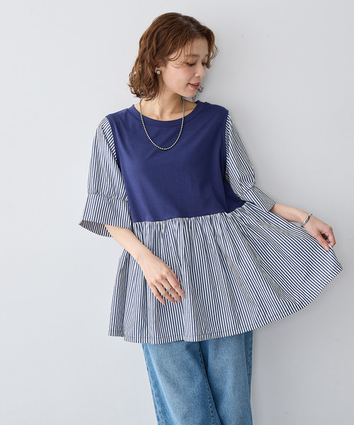 anyfee(エニフィー)の「【anyfee/大きいサイズ】異素材ドッキングペプラムプルオーバー(Tシャツ/カットソー・レディース・ブラック/ネイビー・5L/4L/3L/LL)」の9枚目の写真