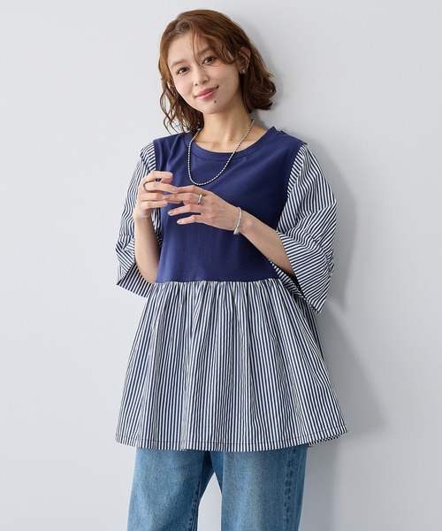 anyfee(エニフィー)の「【anyfee/大きいサイズ】異素材ドッキングペプラムプルオーバー(Tシャツ/カットソー・レディース・ブラック/ネイビー・5L/4L/3L/LL)」の2枚目の写真