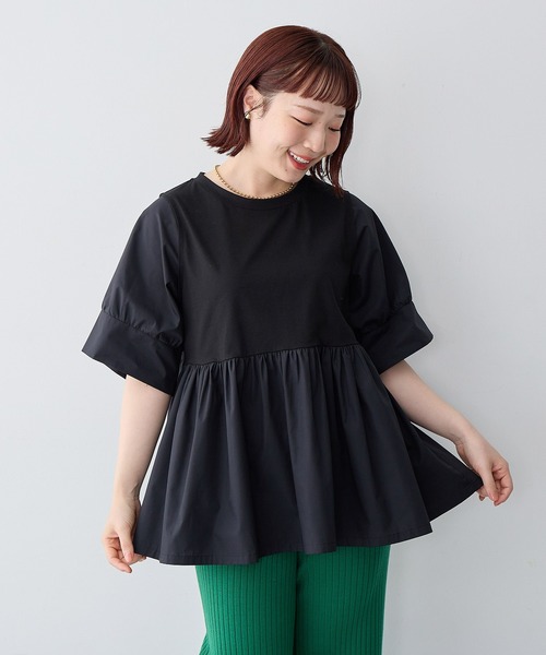 anyfee(エニフィー)の「【anyfee/大きいサイズ】異素材ドッキングペプラムプルオーバー(Tシャツ/カットソー・レディース・ブラック/ネイビー・5L/4L/3L/LL)」の1枚目の写真