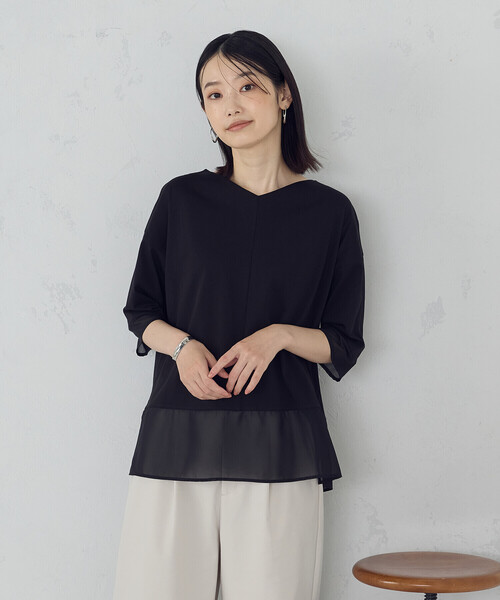 COMME CA ISM(コムサイズム)の「シアーコンビ カットソー(Tシャツ/カットソー・レディース・ブラウン/ブラック・MEDIUM/LARGE)」の1枚目の写真