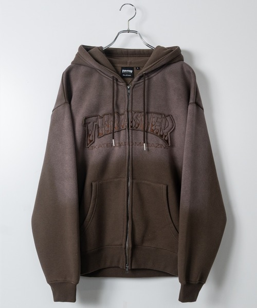 THRASHER(スラッシャー)の「【at】〔THRASHER/スラッシャー〕裏起毛 フェード加工 ファイアーロゴアップリケ ダブルジップパーカー(パーカー・メンズ・ブラウン/ピンク/ブラック・FREE/LARGE/MEDIUM)」の2枚目の写真