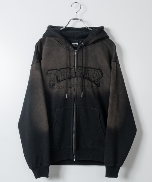 THRASHER(スラッシャー)の「【at】〔THRASHER/スラッシャー〕裏起毛 フェード加工 ファイアーロゴアップリケ ダブルジップパーカー(パーカー・メンズ・ブラウン/ピンク/ブラック・FREE/LARGE/MEDIUM)」の1枚目の写真