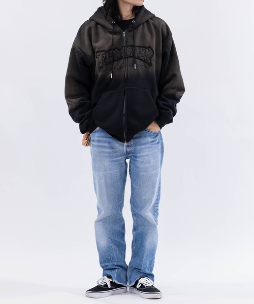 THRASHER(スラッシャー)の「【at】〔THRASHER/スラッシャー〕裏起毛 フェード加工 ファイアーロゴアップリケ ダブルジップパーカー(パーカー・メンズ・ブラウン/ピンク/ブラック・FREE/LARGE/MEDIUM)」の7枚目の写真