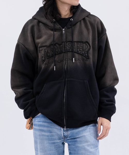 THRASHER(スラッシャー)の「【at】〔THRASHER/スラッシャー〕裏起毛 フェード加工 ファイアーロゴアップリケ ダブルジップパーカー(パーカー・メンズ・ブラウン/ピンク/ブラック・FREE/LARGE/MEDIUM)」の4枚目の写真