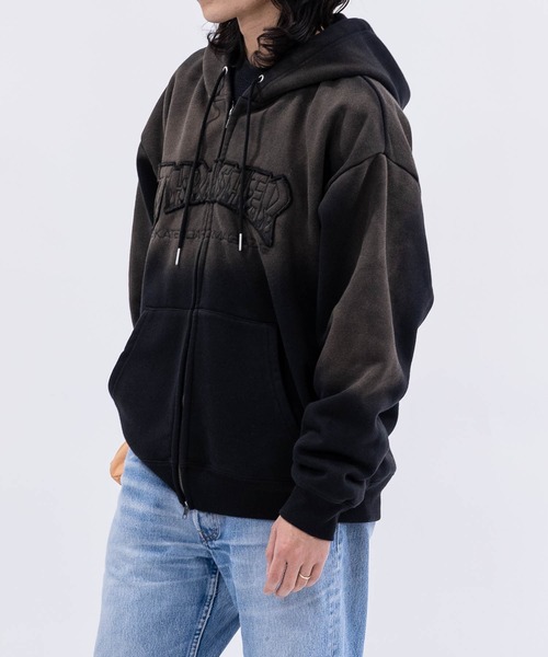 THRASHER(スラッシャー)の「【at】〔THRASHER/スラッシャー〕裏起毛 フェード加工 ファイアーロゴアップリケ ダブルジップパーカー(パーカー・メンズ・ブラウン/ピンク/ブラック・FREE/LARGE/MEDIUM)」の5枚目の写真