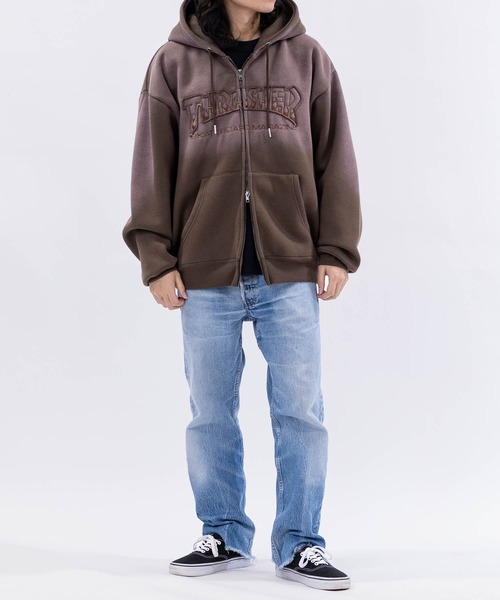 THRASHER(スラッシャー)の「【at】〔THRASHER/スラッシャー〕裏起毛 フェード加工 ファイアーロゴアップリケ ダブルジップパーカー(パーカー・メンズ・ブラウン/ピンク/ブラック・FREE/LARGE/MEDIUM)」の13枚目の写真